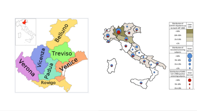 Χάρτης που δείχνει τη θέση των στρατιωτικών βάσεων των ΗΠΑ και την κατανομή των κρουσμάτων COVID-19 στη βόρεια Ιταλία.